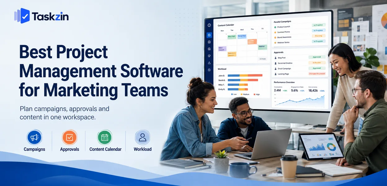 Marketing project management software showing campaign calendar and approval workflow