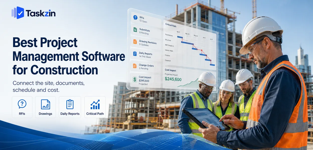 Construction project management software used on site with drawings and daily reports