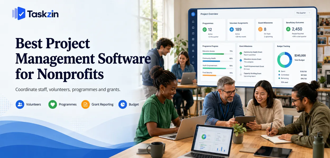 Nonprofit team coordinating programmes and volunteers in project management software
