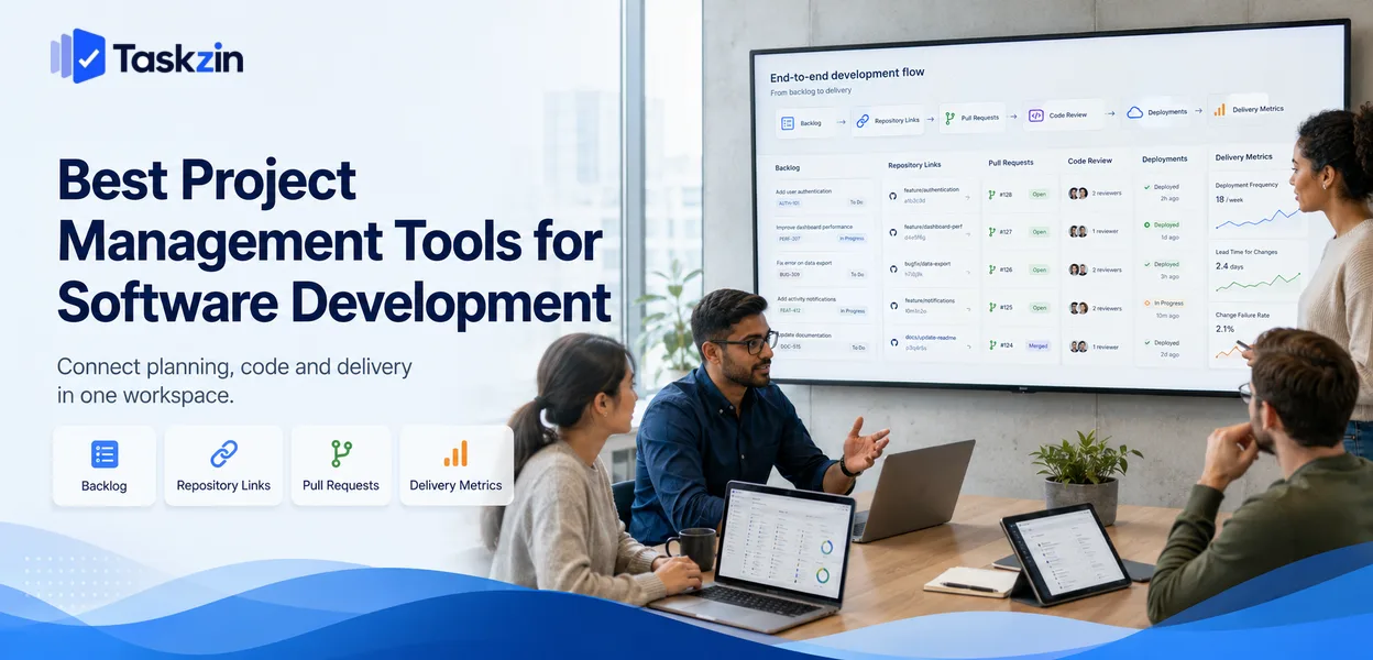 Software development project management tool linked to repository branches and pull requests