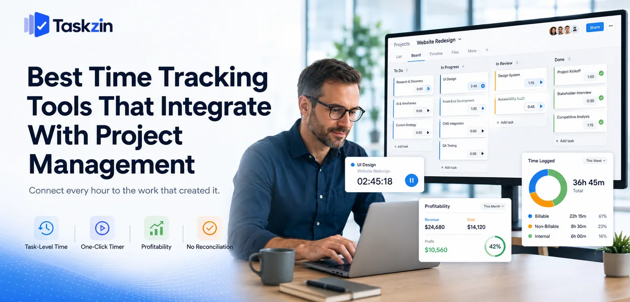 Time tracking tool with a timer running inside a project management task
