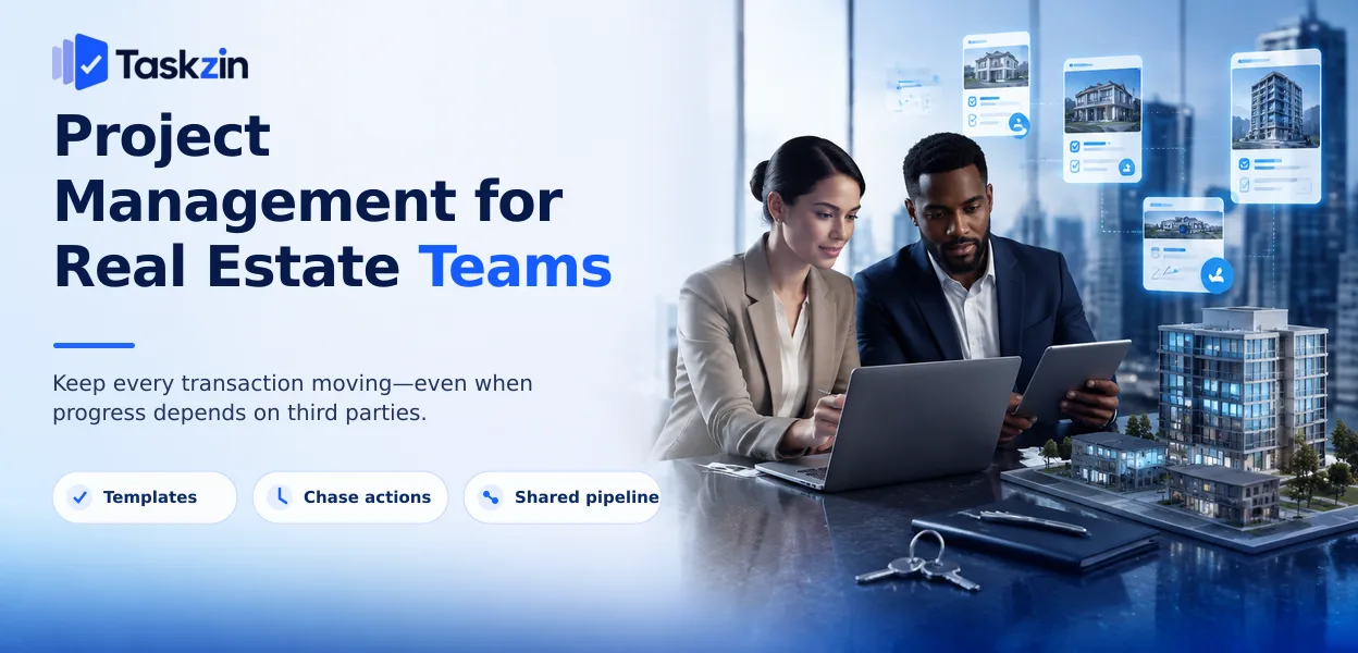 Real estate transaction pipeline showing stage, outstanding items and chase dates
