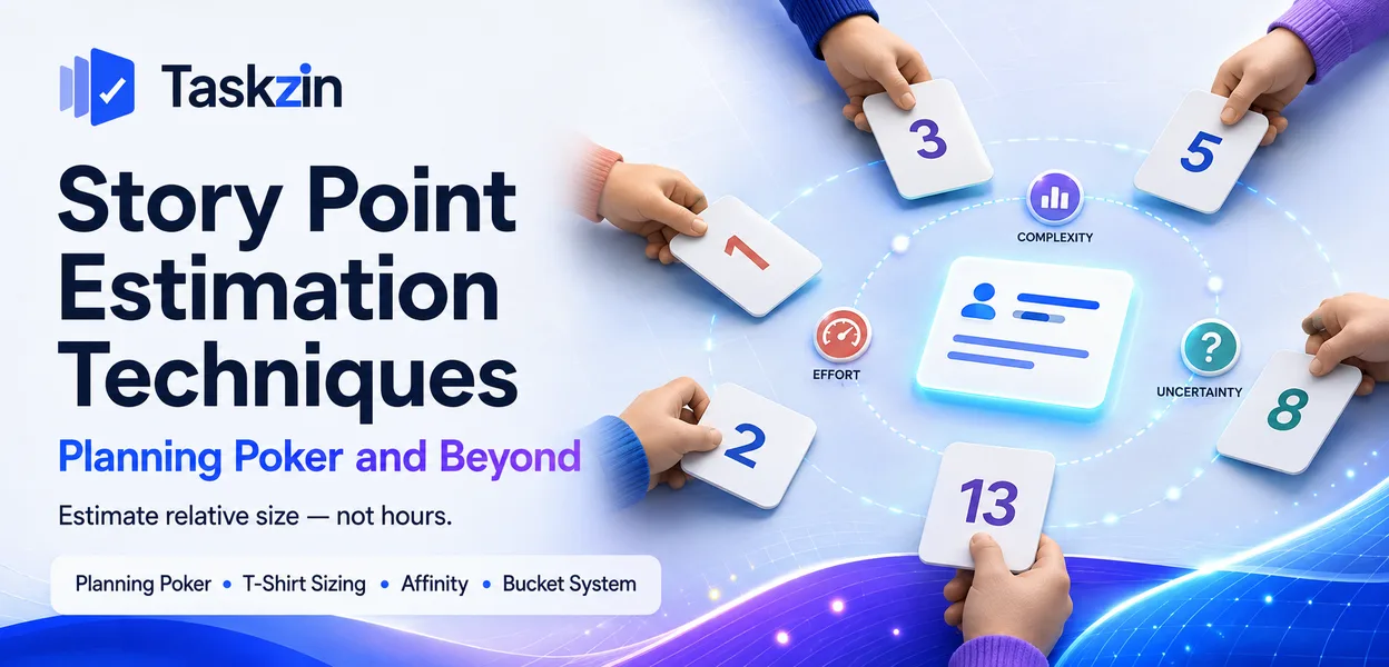 Agile team running planning poker with story point cards on a Fibonacci scale