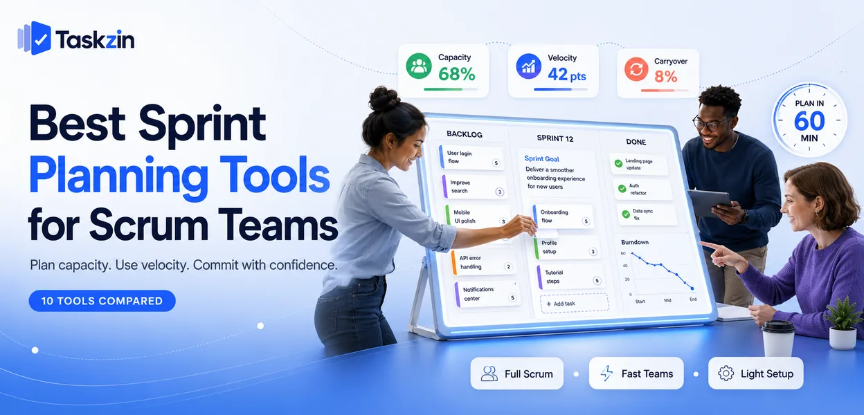 Sprint planning tool showing backlog, sprint capacity and velocity for a Scrum team