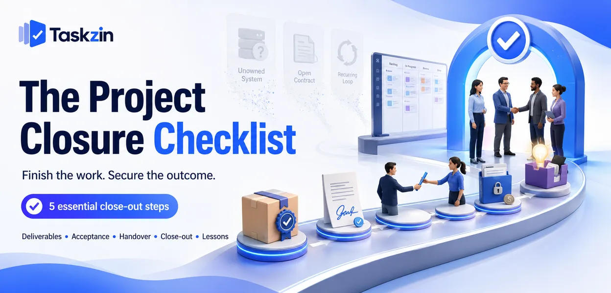 Project closure checklist covering acceptance, handover, commercial close and lessons