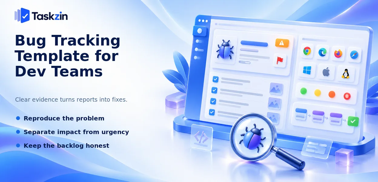 Bug report template showing reproduction steps, environment and severity fields