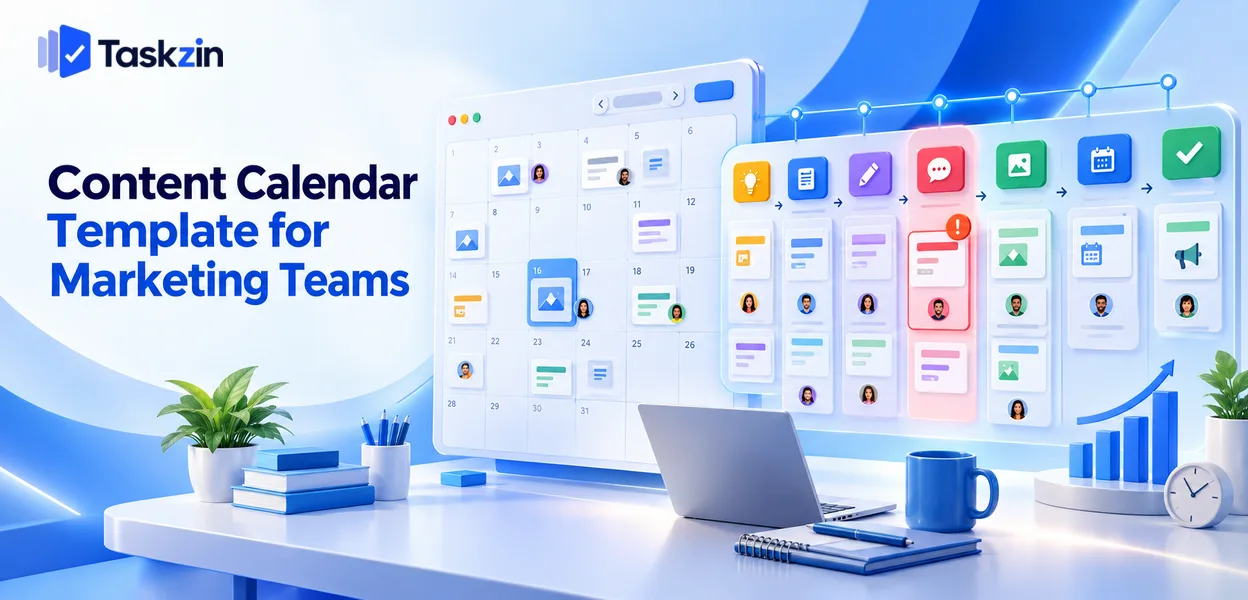 Content calendar showing pieces at each workflow stage with named owners
