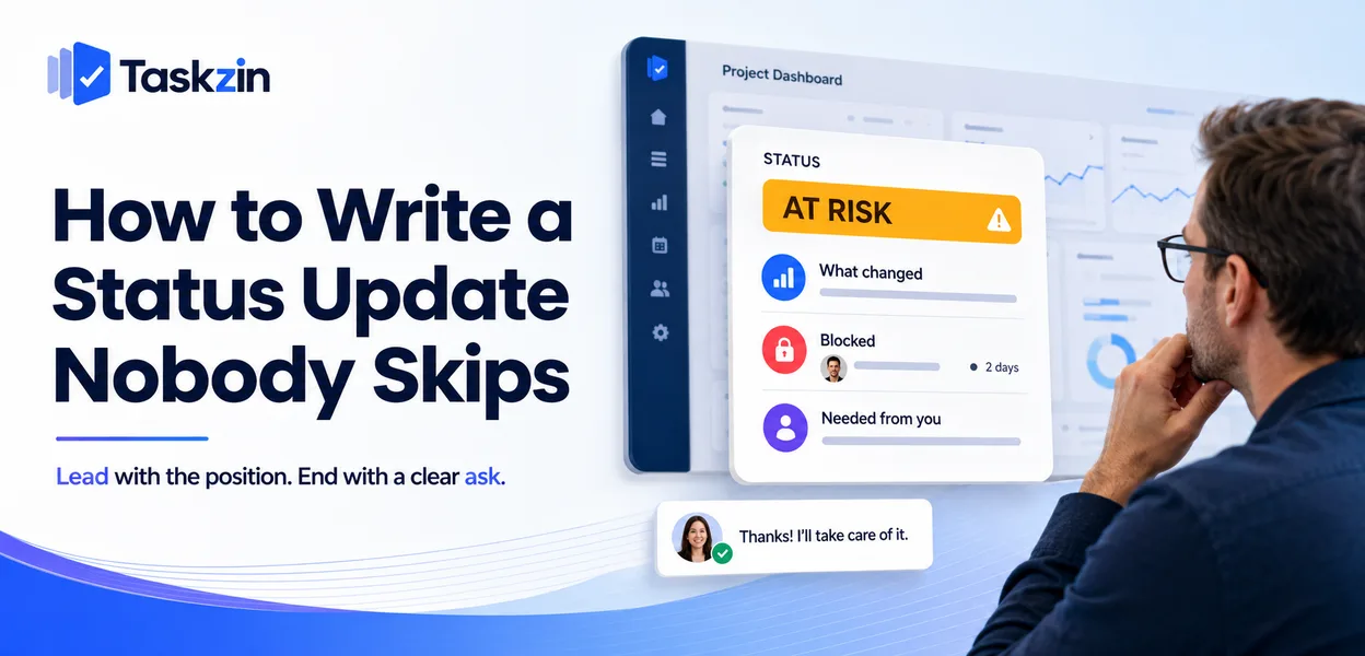 Status update structure showing headline, changes, blockers and requested actions