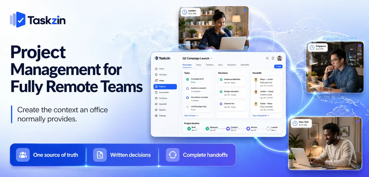 Fully remote team workflow with written decisions and time zone handoffs