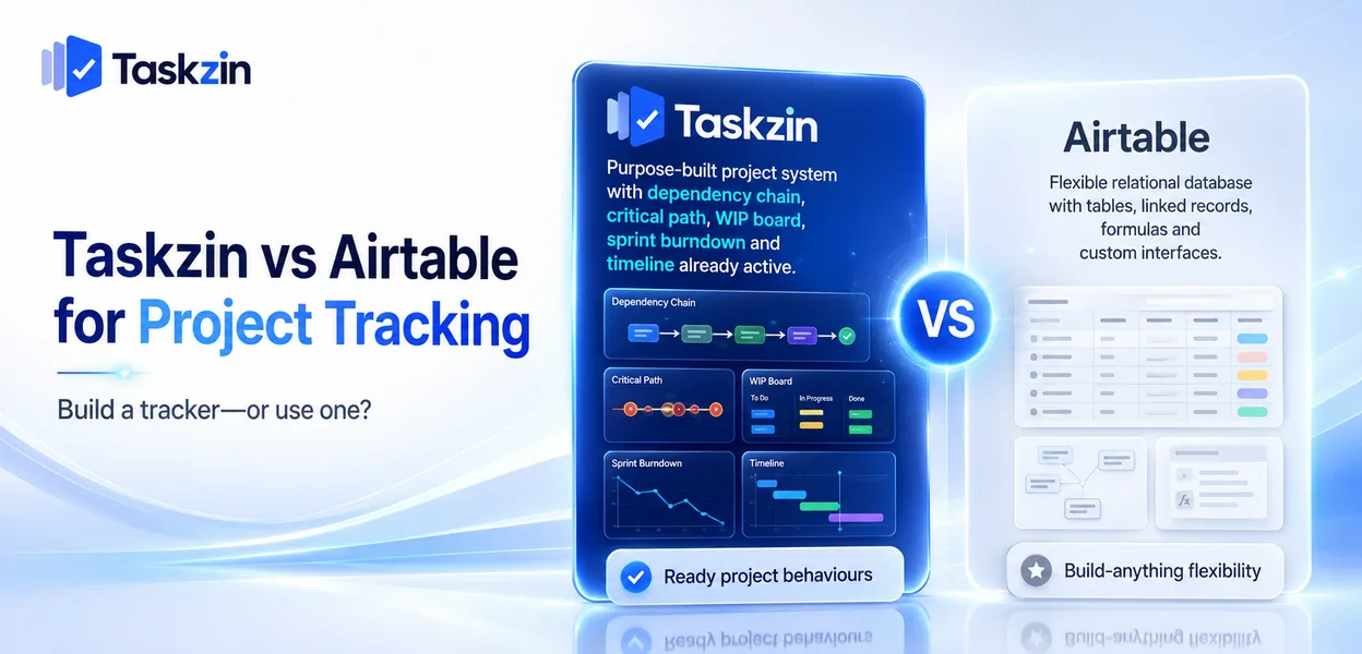 Airtable relational base compared with built-in project features in Taskzin