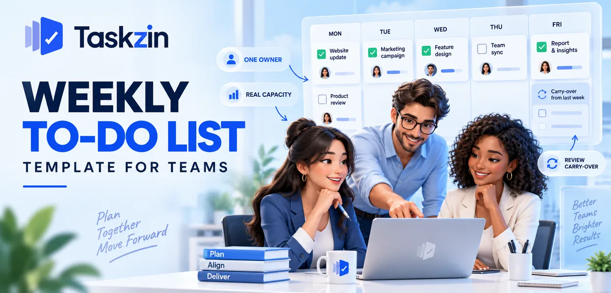 Weekly team task list showing owners, priorities and blocked items