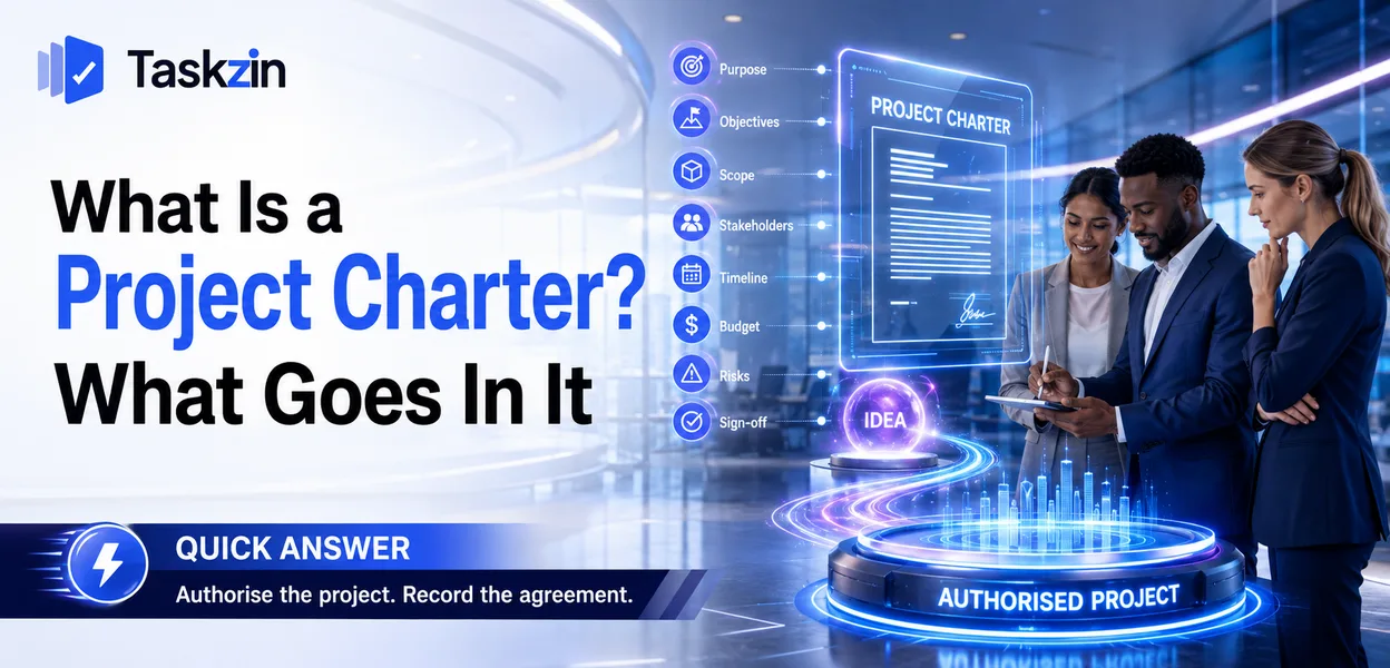 Project charter document showing purpose, scope, stakeholders and success criteria