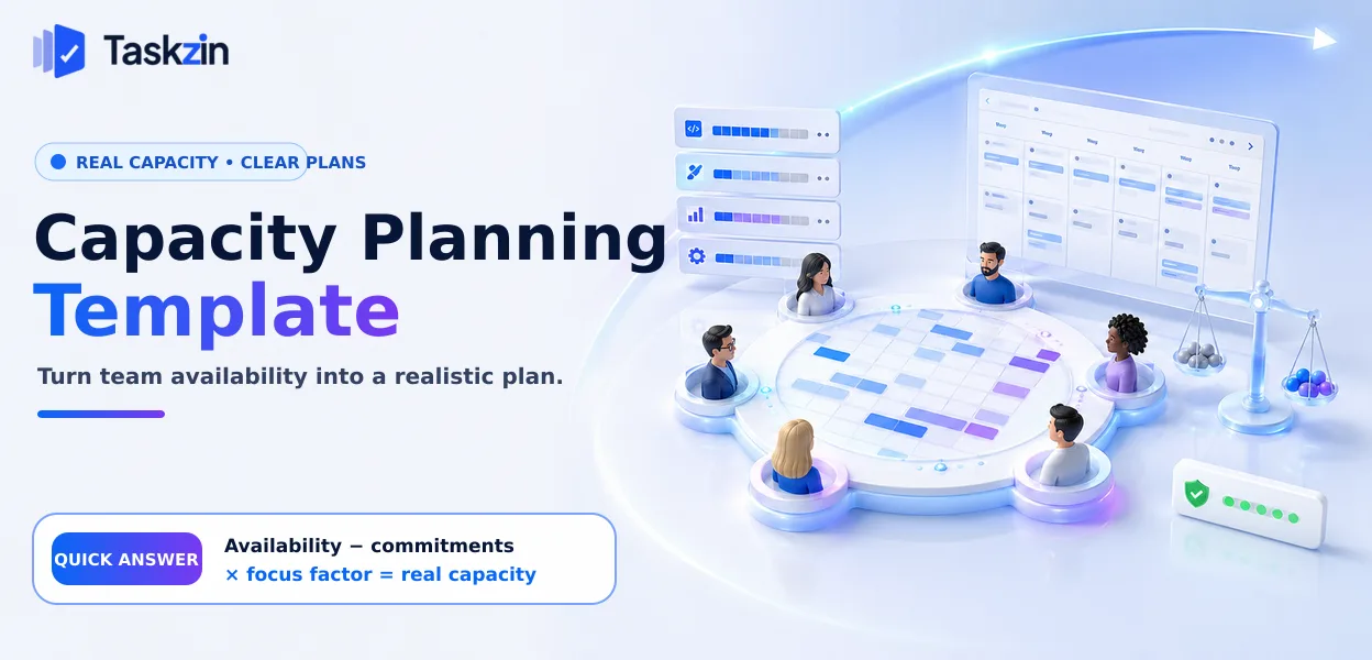 Capacity planning table showing available days, focus factor and remaining capacity