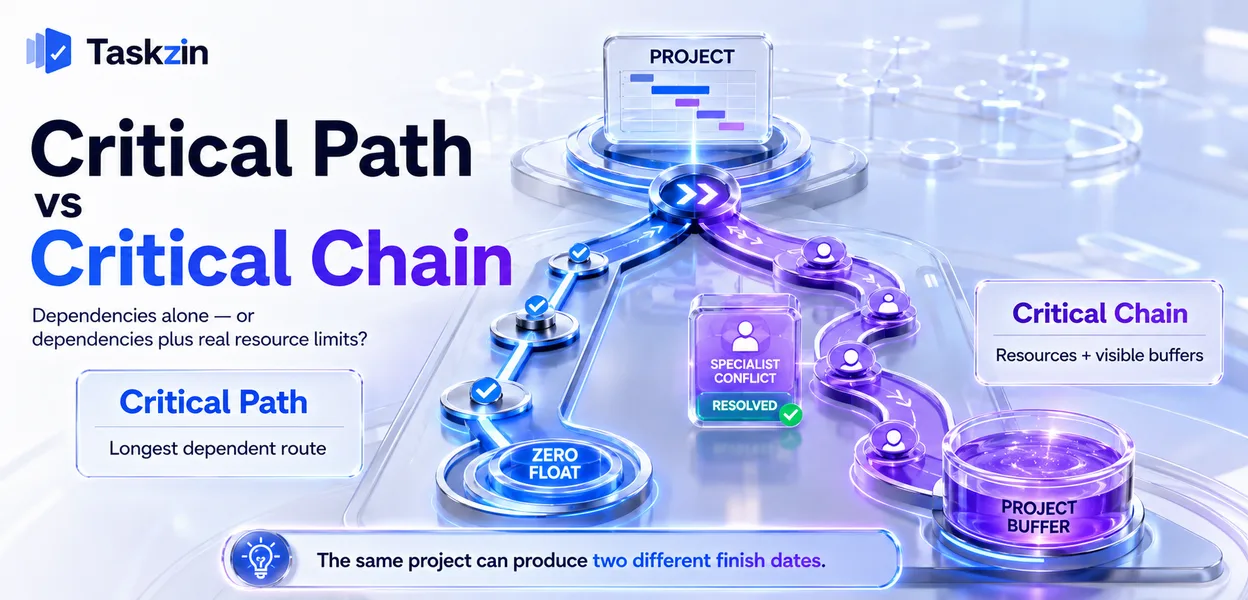 Critical path compared with critical chain showing resource conflicts and buffers