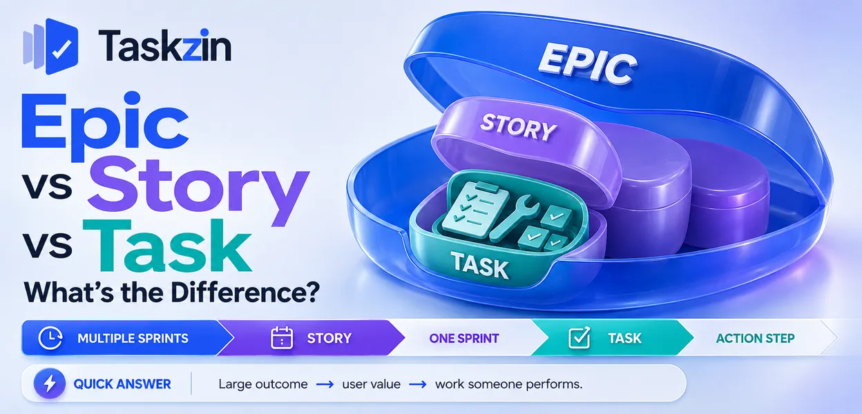 Agile hierarchy diagram showing an epic broken into stories and tasks
