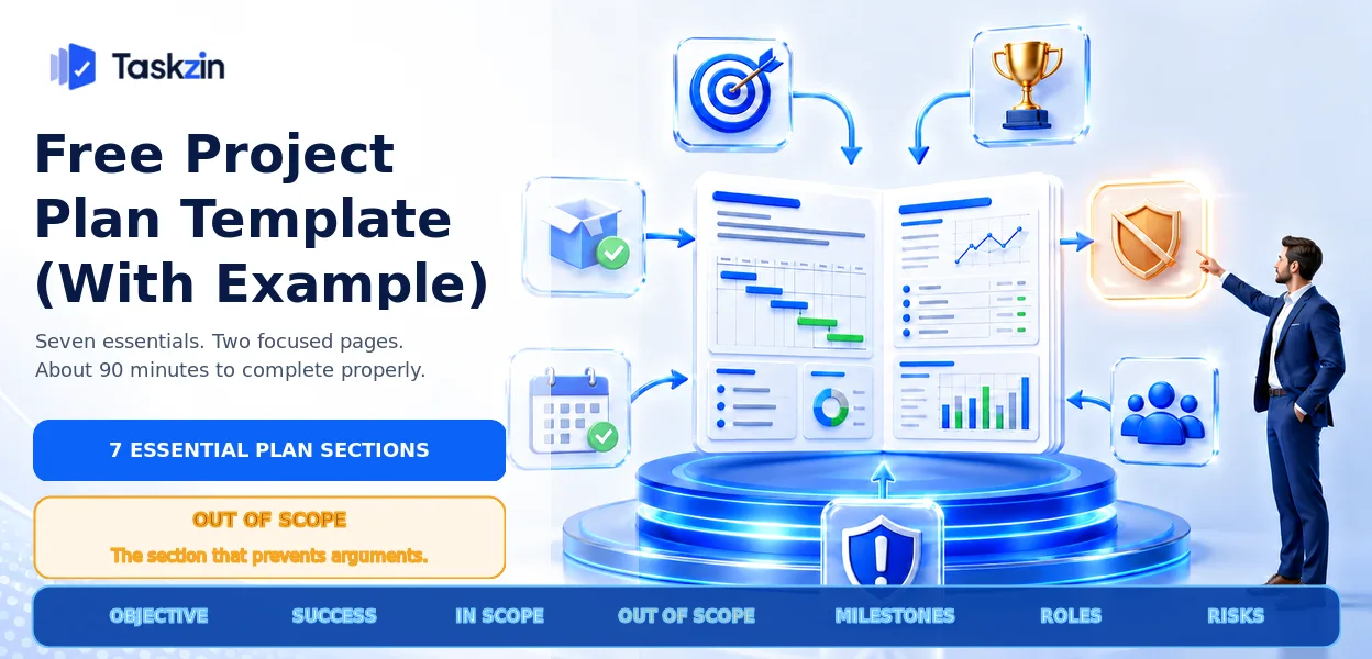 Project plan template showing objective, scope, exclusions, milestones and risks