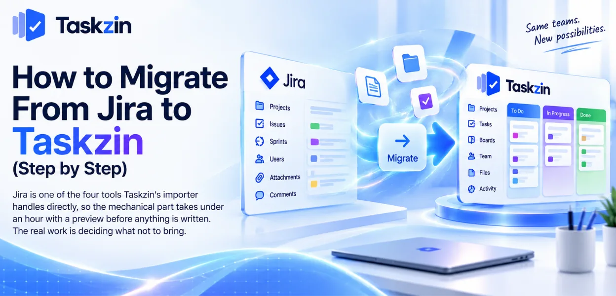 Jira to Taskzin migration steps showing preview, import and verification stages