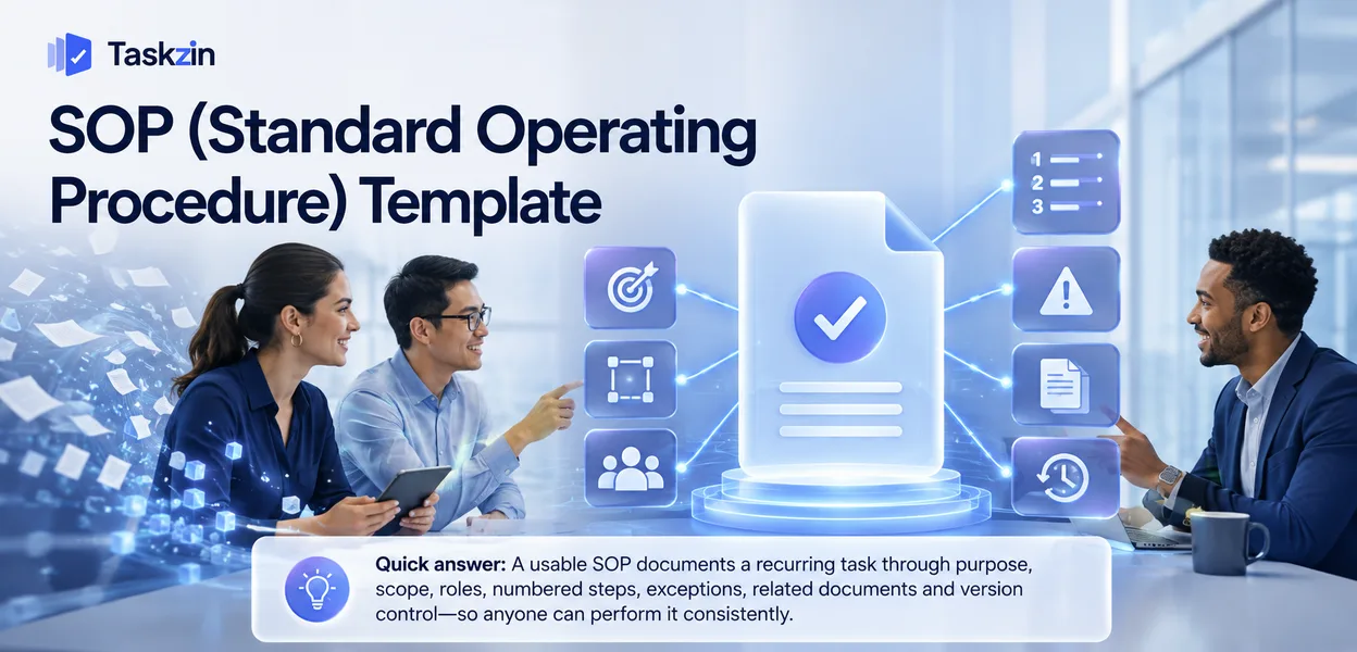 Standard operating procedure template showing purpose, roles, steps and version control