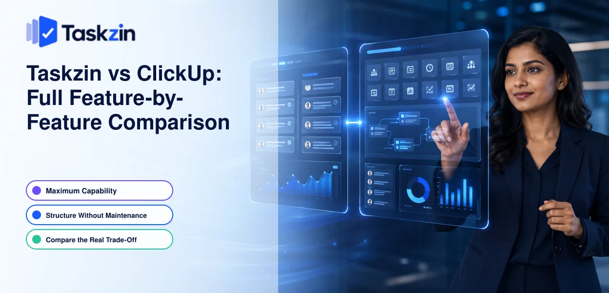 Taskzin and ClickUp compared on features, views, pricing and guest access