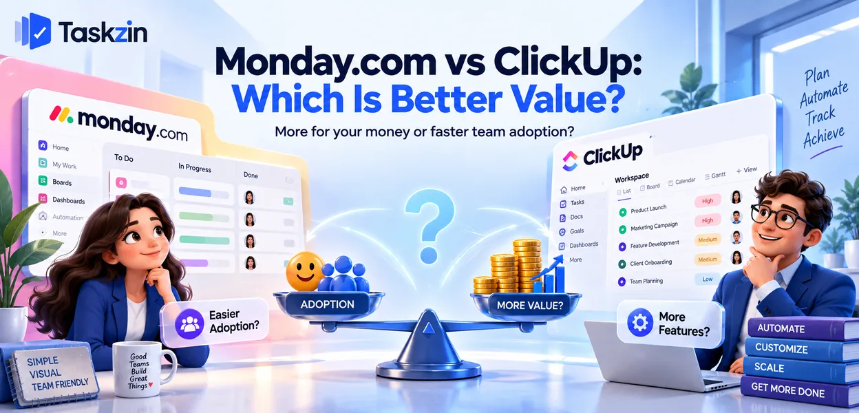 Monday.com and ClickUp compared on seat structure, tier contents and features