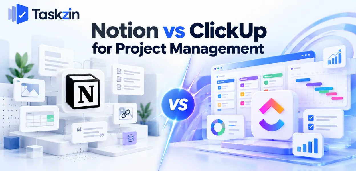 Notion workspace databases compared with built-in project features in ClickUp